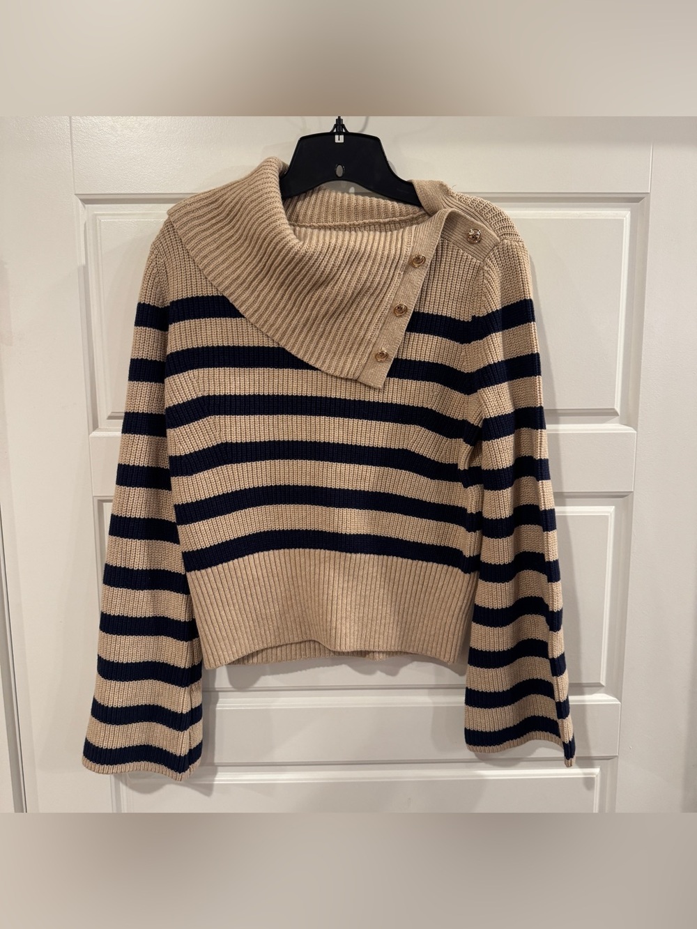 Loft Women’s Stripe Button Neck Flare Sleeve Sweater Women’s Size XS New - Picture 3 of 7